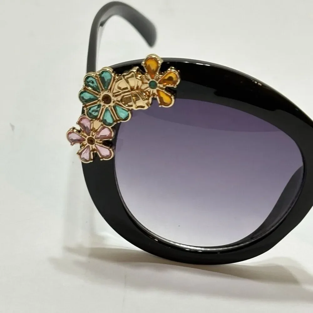 Betsey Johnson Black Floral Jewel Sunglasses Oversized Round UV 400 NWT Acetate